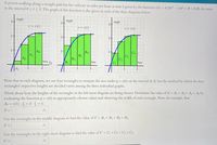 A person walking along a straight path has her velocity in miles per hour at time t given by the function v(t) = 0.25t3 – 1.5t2 + 3t + 0.25, for times
in the interval 0 <t< 2. The graph of this function is also given in each of the three diagrams below.
mph
3+
mph
mph
3-
y=v(t)
y=v(t)
y=v(t)
2-
2-
A4
A3
A2
1.
1-
B4
B3
B2
hrs
B1
hrs
hrs
A1
1
Note that in each diagram, we use four rectangles to estimate the area under y =
rectangles' respective heights are decided varies among the three individual graphs.
v(t) on the interval [0, 2], but the method by which the four
Think about how the heights of the rectangles in the left-most diagram are being chosen. Determine the value of S = A1 + A2 + A3 + A, by
evaluating the function y = v(t) at appropriately-chosen values and observing the width of each rectangle. Note, for example, that"
A3=D v(1). 금%3D2. 글
= 1.
S =
Use the rectangles in the middle diagram to find the value of T = B1 + B2 +B3 + B4.
T =
Use the rectangles in the right-most diagram to find the value of U = C1 + C2+ C3 + C,.
U =
