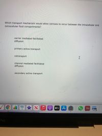 Which transport mechanism would allow osmosis to occur between the intracellular and
extracellular fluid compartments?
carrier mediated facilitated
diffusion
primary active transport
cotransport
channel mediated facilitated
diffusion
secondary active transport
Aa
O átv 4
Pro
