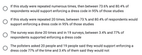 If this study were repeated numerous times, then between 73.6% and 80.4% of
respondents would support enforcing a dress code in 95% of those studies
If this study were repeated 20 times, between 73.% and 80.4% of respondents would
support enforcing a dress code in 95% of those studies
survey was done 20 times and in 19 surveys, between 3.4% and 77% of
respondents supported enforcing a dress code
The
The pollsters asked 20 people and 19 people said they would support enforcing a
dress code 77% of the time and 3.4% of them said they would not
