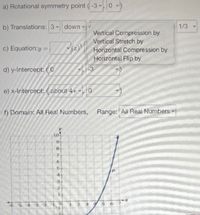 a) Rotational symmetry point (-3 0 )
b) Translations: 3 down v
1/3
Vertical Compression by
Vertical Stretch by
c) Equation:y =
Horizontal Compression by
Horizontal Flip by
d) y-Intercept: (0
-3
e) x-Intercept: ( about 4+ -
f) Domain: All Real Numbers,
Range: All Real Numbers Y
10
64
