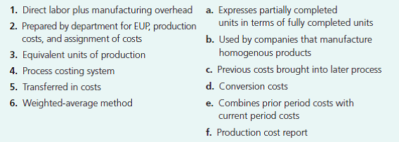 1. Direct labor plus manufacturing overhead a. Expresses partially completed
2. Prepared by department for EUP, production
costs, and assignment of costs
3. Equivalent units of production
4. Process costing system
5. Transferred in costs
6. Weighted-average method
units in terms of fully completed units
b. Used by companies that manufacture
homogenous products
c. Previous costs brought into later process
d. Conversion costs
e.
e. Combines prior period costs with
current period costs
f. Production cost report
