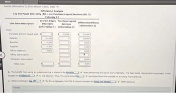 eBook
outside (Alternative 2). If an amount is zero, enter "0".
Differential Analysis
Lay Out Pages Internally (Alt. 1) or Purchase Layout Services (Alt. 2)
February 22
Line Item Description
Costs:
Purchase price of layout work
Salaries
Benefits
Supplies
Office expenses
Office depreciation
Computer depreciation
Total costs
Lay Out Pages
Internally
(Alternative 1)
224,000
36,000
-21,000
39,000
Purchase Layout
Services
(Alternative 2)
-312.000
Differential Effects
(Alternative 2)
b. The benefit from using an outside service is shown to be greater
budget are irrelevant
✓to the decision. Thus, the work should he
c. Before electing to lay off
312,000
224,000
36,000
21,000
39,000
28,000
8,000
✓than performing the layout work internally. The fixed costs (depreciation expenses) in the
purchased from the outside on a strictly financial basis
of the decision
✔the five employees, the TAG-D should consider the long-run impact