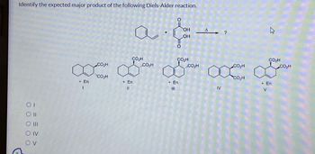 Identify the expected major product of the following Diels-Alder reaction.
OI
Oll
O III
O IV
OV
OH
a good
OH
A
?
IV
4
CO₂H
CO₂H
CO₂H
CO₂H
CO₂H
CO₂H
∞ S S ∞ a
వా
‘COzH
+ En
+ En
+ En
+ En
V
I
11
CO₂H
CO₂H