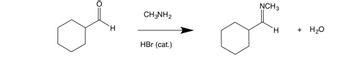 ### Transcription and Explanation of the Reaction

**Chemical Reaction:**

The image represents a chemical reaction involving an aldehyde, methylamine, and a catalyst. Here's the reaction broken down:

1. **Reactants:**
   - **Cyclohexanecarbaldehyde**: The initial molecule depicted as a hexagonal ring with a formyl group (CHO) attached, indicating an aldehyde group.
   - **Methylamine (CH₃NH₂)**: A simple primary amine with a methyl group (CH₃) attached to an amino group (NH₂).

2. **Catalyst:**
   - **HBr (Hydrobromic acid)**: Acts as a catalyst in the reaction, suggesting that it participates in the process without being consumed.

3. **Products:**
   - **N-Methylimine cyclohexane**: The major product, where the aldehyde group is converted to an imine group (N=CH₃) with the removal of the oxygen atom, indicating a condensation reaction.
   - **Water (H₂O)**: A byproduct of the reaction, resulting from the combination of the oxygen atom from the aldehyde group and hydrogen atoms.

**Diagram Explanation:**

- The structure on the left shows a cyclohexane ring with an aldehyde group (C=O) positioned at the point of substitution.
- The arrow indicates the reaction progression from reactants to products.
- On the right side, the product is shown as the cyclohexane ring now bearing an imine group (N=CH₃), suggesting the condensation of the aldehyde with the amine group, leading to the formation of an imine.
- Water is shown separately as a resultant byproduct of the reaction.

This reaction is an example of a condensation reaction, where an imine is synthesized from an aldehyde and an amine, with the loss of water, facilitated by a catalyst.