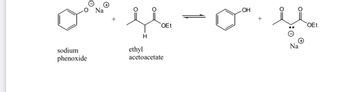 This image shows a chemical equilibrium reaction between sodium phenoxide and ethyl acetoacetate.

**Reactants:**
1. **Sodium Phenoxide (C₆H₅ONa)**  
   - Structure: A benzene ring with an oxygen anion (\(O^-\)) bonded to it, paired with a sodium cation (\(Na^+\)).

2. **Ethyl Acetoacetate (C₆H₁₀O₃)**  
   - Structure: Contains a ketone group, an ester group (\(OEt\)), and a methylene (\(CH_2\)) group.

**Products:**
1. **Phenol (C₆H₅OH)**  
   - Structure: A benzene ring with a hydroxyl group (\(OH\)) attached.

2. **Sodium Enolate of Ethyl Acetoacetate**  
   - Structure: The enolate form of ethyl acetoacetate, featuring a negatively charged oxygen (\(O^-\)) with sodium cation (\(Na^+\)).

The reaction is represented as an equilibrium process, indicating it can proceed in both forward and reverse directions.