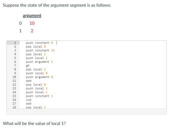 Suppose the state of the argument segment is as follows:
argument
0
10
1
2
1234556
7
68
push constant 0
pop local 0
push constant 15
pop local 1
push local 1
push argument 1
gt
pop local 2
push local
push argument 0
add
pop local 0
9
10
11
12
13
push local 1
14
push local 1
15
push constant 1
16
sub
17
add
18
pop local 1
What will be the value of local 1?