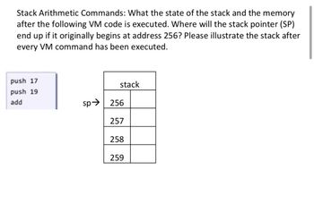 Stack Arithmetic Commands: What the state of the stack and the memory
after the following VM code is executed. Where will the stack pointer (SP)
end up if it originally begins at address 256? Please illustrate the stack after
every VM command has been executed.
push 17
push 19
stack
add
sp→ 256
257
258
259