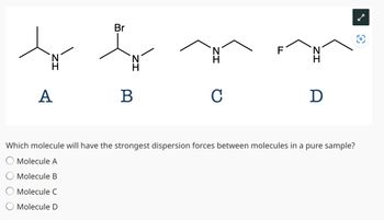 Br
N
H
IZ
A
B
C
D
Which molecule will have the strongest dispersion forces between molecules in a pure sample?
Molecule A
Molecule B
○ Molecule C
O Molecule D
8