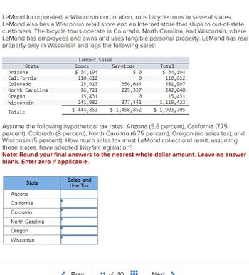 LeMond Incorporated, a Wisconsin corporation, runs bicycle tours in several states.
LeMond also has a Wisconsin retail store and an Internet store that ships to out-of-state
customers. The bicycle tours operate in Colorado, North Carolina, and Wisconsin, where
LeMond has employees and owns and uses tangible personal property. LeMond has real
property only in Wisconsin and logs the following sales:
State
Arizona
California
Colorado
North Carolina
Oregon
Wisconsin
Totals
State
Arizona
California
Colorado
LeMond Sales
North Carolina
Oregon
Wisconsin
Goods
$ 34,194
110,612
25,913
16,721
15,431
241,982
$ 444,853
Sales and
Use Tax
Services
Prev
Assume the following hypothetical tax rates: Arizona (5.6 percent), California (7.75
percent), Colorado (8 percent), North Carolina (6.75 percent), Oregon (no sales tax), and
Wisconsin (5 percent). How much sales tax must LeMond collect and remit, assuming
these states, have adopted Wayfair legislation?
Note: Round your final answers to the nearest whole dollar amount. Leave no answer
blank. Enter zero if applicable.
$0
0
356,084
225, 327
0
877,441
$ 1,458,852
11 of 10
Total
$ 34,194
110,612
381,997
242,048
15,431
1,119,423
$ 1,903,705
Next