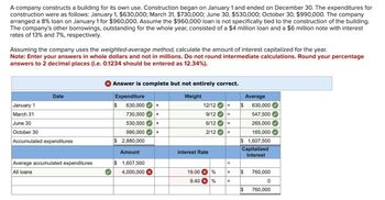 A company constructs a building for its own use. Construction began on January 1 and ended on December 30. The expenditures for
construction were as follows: January 1, $630,000; March 31, $730,000; June 30, $530,000; October 30, $990,000. The company
arranged a 8% loan on January 1 for $960,000. Assume the $960,000 loan is not specifically tied to the construction of the building.
The company's other borrowings, outstanding for the whole year, consisted of a $4 million loan and a $6 million note with interest
rates of 13% and 7%, respectively.
Assuming the company uses the weighted-average method, calculate the amount of interest capitalized for the year.
Note: Enter your answers in whole dollars and not in millions. Do not round intermediate calculations. Round your percentage
answers to 2 decimal places (i.e. 0.1234 should be entered as 12.34%).
Date
January 1
March 31
June 30
October 30
Accumulated expenditures
Average accumulated expenditures
All loans
> Answer is complete but not entirely correct.
Expenditure
$
630,000 X
730,000
530,000
990,000 X
$ 2,880,000
Amount
$ 1,607,500
4,000,000 X
X
X
Weight
12/12
9/12
6/12
2/12
Interest Rate
19.00 %
9.40 X %
=
=
=
=
=
=
Average
$ 630,000
547,500
265,000
165,000
$ 1,607,500
Capitalized
Interest
$
$
760,000
0
760,000