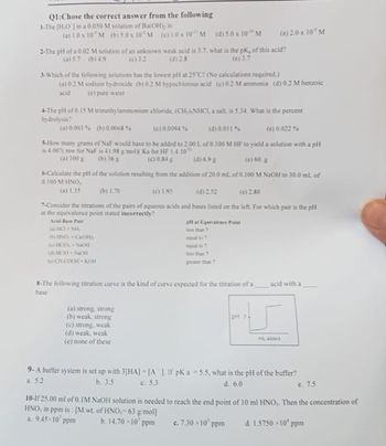 Q1:Chose the correct answer from the following
1-The [HO] in a 0.050 M solution of Ba(OH), is:
(a) 1.0 x 10' M (b) 5.0 x 10 M (c) 10 x 10 M (d) 5.0 x 10" M
2-The pH of a 0.02 M solution of an unknown weak acid is 3.7. what is the pK, of this acid?
(a) 5.7 (b) 4.9
(d) 28
(c) 3.7
3-Which of the following solutions has the lowest pH at 25°C? (No calculations required.)
(a) 0.2 M sodium hydroxide (b) 0.2 M hypochlorous acid (c) 02 M ammonia (d) 0.2 M benzoic
acid (e) pure water
4-The pH of 0.15 M trimethylammonium chloride, (CH)NHCI, a salt, is 5.34. What is the percent
hydrolysis?
(a) 0,003% (b) 0.0068%
(c) 0.0094 %
(c) 0.022%
(d) 0.011 %
5-How many grams of NaF would have to be added to 2.00 L of 0.100 M HF to yield a solution with a pH
is 4.00% mw for NaF is 41.98 g/mol) Ka for HF 1.4 10
(a) 300 g
(b) 36 g
(c) 0.84 g
(d) 6.9 g
(c) 60. g
6-Calculate the pH of the solution resulting from the addition of 20.0 mL of 0.100 M NaOH to 30.0 ml. of
0.100 M HNO,
(a) 1.35
(b) 1.70
(c) 1.95
(d) 2.52
(c) 2.80
7-Consider the titrations of the pairs of aqueous acids and bases listed on the left. For which pair is the pH
at the equivalence point stated incorrectly?
Acid-Base Pair
tai
balls
(b) HNO-Ca(OH)
(e) 2.0 x 10¹ M
(HCIO, -NaOH
id) HCO NaOH
KHOA
pH at Equivalence Point
less than 7
(a) strong, strong
(b) weak, strong
(c) strong, weak
(d) weak, weak
(e) none of these
less than 7
8-The following titration curve is the kind of curve expected for the titration of a
base
pH 71
acid with a
mL added
9- A buffer system is set up with 3[HA] =[A]. If pK a -5.5, what is the pH of the buffer?
c. 5.3
a. 5.2
b. 3.5
d. 6.0
e. 7.5
10-If 25.00 ml of 0.1M NaOH solution is needed to reach the end point of 10 ml HNO₂. Then the concentration of
HNO, in ppm is: [M.wt. of HNO,-63 g/mol]
a. 9.45-10 ppm
b. 14.70×10 ppm
c. 7.30-10¹ ppm
d. 1.5750×10 ppm