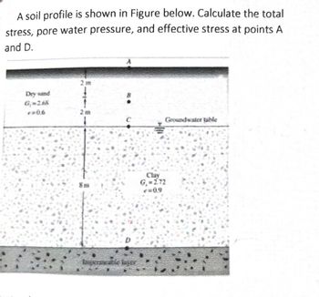 A soil profile is shown in Figure below. Calculate the total
stress, pore water pressure, and effective stress at points A
and D.
Dry sand
**06
Clay
*=0.9
Groundwater table