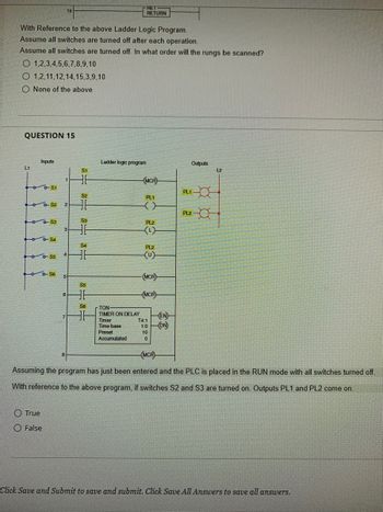 With Reference to the above Ladder Logic Program.
Assume all switches are turned off after each operation.
Assume all switches are turned off. In what order will the rungs be scanned?
O 1,2,3,4,5,6,7,8,9,10
O 1,2,11,12,14,15,3,9,10
O None of the above
QUESTION 15
L1
Inputs
o-S1
0-53
o 0-S4
15
o-S2 2
-0-55
O True
O False
1
3
4
oo-S6 5+
6
8
S1
36
S2
S3
S4
36
S5
36
S6
HH
Ladder logic program
RET
RETURN
TON-
TIMER ON DELAY
Timer
Time base
Preset
Accumulated
() ) 20 20 (5)
PL1
PL2
PL2
(MCR)
(MCR
(EN)
T4:1
1:0 (ON)
10
0
Outputs
PL1
-0-
PL2
(MCR)
Assuming the program has just been entered and the PLC is placed in the RUN mode with all switches turned off.
With reference to the above program, if switches S2 and S3 are turned on. Outputs PL1 and PL2 come on.
L2
Click Save and Submit to save and submit. Click Save All Answers to save all answers.