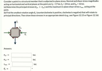 Consider a point in a structural member that is subjected to plane stress. Normal and shear stress magnitudes
acting on horizontal and vertical planes at the point are Sx = 17 ksi, Sy = 24 ksi, and Sxy= 16 ksi.
(a) Determine the principal stresses (1 > 2) and the maximum in-plane shear stress Tmax acting at the
point.
(b) Find the smallest rotation angle 0, (counterclockwise is positive, clockwise is negative) that will rotate to
principal directions. Then show these stresses in an appropriate sketch (e.g., see Figure 12.15 or Figure 12.16)
Answers:
Opl =
Op2 =
Tmax =
Sxy
0
ksi.
ksi.
ksi.