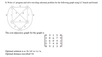 6. Write a C program and solve traveling salesman problem for the following graph using LC branch and bound.
3
5
9.
8
1
7
9
4
2
3.
The cost adjacency graph for the graph is
[0 3 1 5 81
0 6 7 9
4 2
3
1
6.
5 7 4 0 3
3
Optimal solution is a->b->d->e->c->a
Optimal distance travelled=16
LO
C.
