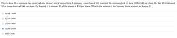 Prior to June 30, a company has never had any treasury stock transactions. A company repurchased 100 shares of its common stock on June 30 for $40 per share. On July 20, it reissued
50 of these shares at $46 per share. On August 1, it reissued 20 of the shares at $38 per share. What is the balance in the Treasury Stock account on August 2?
O $2,600 Credit.
O $1,200 Debit.
O $5,050 Debit.
O $1,200 Credit.
O $100 Credit.