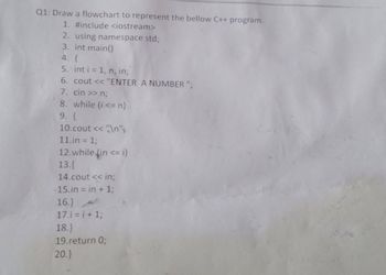 ---

### Flowchart for the Below C++ Program

**Question:** Draw a flowchart to represent the below C++ program.

```cpp
1.  #include <iostream>
2.  using namespace std;
3.  int main()
4.  {
5.      int i = 1, n, in;
6.      cout << "ENTER A NUMBER ";
7.      cin >> n;
8.      while (i <= n)
9.      {
10.         cout << "\n";
11.         in = 1;
12.         while (in <= i)
13.         {
14.             cout << in;
15.             in = in + 1;
16.         }
17.         i = i + 1;
18.     }
19.     return 0;
20. }
```

### Explanation:

This C++ program outputs a pattern based on the user’s input. The flowchart will represent the following steps:

1. **Start**
2. **Include Headers**: Include iostream.
3. **Namespace Declaration**: Using namespace std.
4. **Main Function Start**: `int main()`.
5. **Initialize Variables**: `int i = 1, n, in;`.
6. **Output Message**: Prompt the user to enter a number.
7. **User Input**: Store user input in `n`.
8. **First `while` Loop Condition Check**: Check if `i` is less than or equal to `n`.
9. **New Line Output**: Output a new line.
10. **Initialize `in`**: Set `in` to 1.
11. **Second `while` Loop Condition Check**: Check if `in` is less than or equal to `i`.
12. **Output `in`**: Output the value of `in`.
13. **Increment `in`**: Increase `in` by 1.
14. **Repeat Inner Loop**: Go back to step 11.
15. **Increment `i`**: Increase `i` by 1.
16. **Repeat Outer Loop**: Go back to step 8.
17. **End Main Function**: Return 0.
18. **End**

### Diagram:

Below is the flowchart representation:

1. **Start**
2. **Include Headers**: iostream
3. **Namespace Declaration**: std
