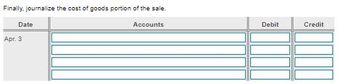 Finally, journalize the cost of goods portion of the sale.
Date
Apr. 3
Accounts
Debit
Credit