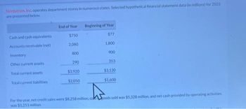 Nordstrom, Inc. operates department stores in numerous states. Selected hypothetical financial statement data (in millions) for 2025
are presented below.
Cash and cash equivalents
Accounts receivable (net)
Inventory
Other current assets
Total current assets
Total current liabilities
End of Year
$750
2,080
800
290
$3,920
$2,050
Beginning of Year
$77
1.800
900
353
$3,130
$1,600
For the year, net credit sales were $8.258 million, comoods sold was $5,328 million, and net cash provided by operating activities
was $1,251 million.