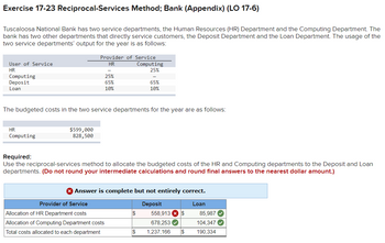 Exercise 17-23 Reciprocal-Services Method; Bank (Appendix) (LO 17-6)
Tuscaloosa National Bank has two service departments, the Human Resources (HR) Department and the Computing Department. The
bank has two other departments that directly service customers, the Deposit Department and the Loan Department. The usage of the
two service departments' output for the year is as follows:
User of Service
HR
Computing
Deposit
Loan
HR
Computing
Provider of Service
HR
$599,000
828,500
-
25%
65%
10%
The budgeted costs in the two service departments for the year are as follows:
Provider of Service
Allocation of HR Department costs
Allocation of Computing Department costs
Total costs allocated to each department
Computing
25%
Required:
Use the reciprocal-services method to allocate the budgeted costs of the HR and Computing departments to the Deposit and Loan
departments. (Do not round your intermediate calculations and round final answers to the nearest dollar amount.)
65%
10%
Answer is complete but not entirely correct.
Deposit
Loan
$
$
558,913 $
678,253✔
1,237,166 $
85,987
104,347✔
190,334