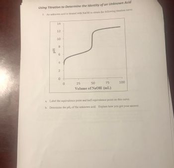 ## Using Titration to Determine the Identity of an Unknown Acid

### Problem 5: 

An unknown acid is titrated with NaOH to obtain the following titration curve.

#### Graph Description:

The graph plots pH (on the y-axis) against the Volume of NaOH (in mL, on the x-axis). The curve starts at a low pH, rises steadily, then sharply increases around 50 mL, and finally levels off at a higher pH.

#### Questions:

a. Label the equivalence point and half-equivalence point on this curve.

b. Determine the pKa of the unknown acid. Explain how you got your answer.

### Explanation:

- **Equivalence Point**: This is the point where the amount of acid equals the amount of base added. It is typically at the steepest part of the curve.

- **Half-Equivalence Point**: This occurs where half of the acid has reacted with the base, usually halfway up the rising part of the curve. At this point, pH equals pKa.

To determine the pKa, find the pH at the half-equivalence point on the graph.