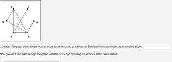 D
C
B
E
F
A
Consider the graph given above. Add an edge so the resulting graph has an Euler path (without repeating an existing edge).
Now give an Euler path through the graph with this new edge by listing the vertices in the order visited.