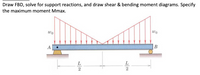 Draw FBD, solve for support reactions, and draw shear & bending moment diagrams. Specify
the maximum moment Mmax.
wo
wo
A
В
L
L
2
2
