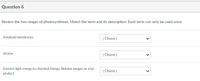 Question 6
Review the two stages of photosynthesis. Match the term and its description. Each term can only be used once.
thylakoid membranes
[ Choose ]
stroma
| Choose
Convert light energy to chemical energy. Release oxygen as a by-
product
[ Choose |
>
>
