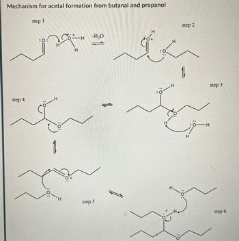 Mechanism for acetal formation from butanal and propanol
step 1
step 4
:0
.H
H
H
-H₂O
H
H
H
step 5
ة
step 2
16
H
H
..
:0-H
H.
H+
:0
:0:
step 3
step 6