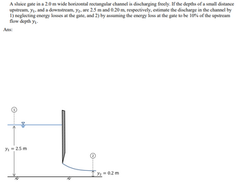 A sluice gate in a 2.0 m wide horizontal rectangular channel is discharging freely. If the depths of a small distance
upstream, y₁, and a downstream, y2, are 2.5 m and 0.20 m, respectively, estimate the discharge in the channel by
1) neglecting energy losses at the gate, and 2) by assuming the energy loss at the gate to be 10% of the upstream
flow depth y₁.
Ans:
Dl
Y₁ = 2.5 m
y₂ = 0.2 m