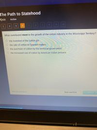 The Path to Statehood
Quiz
Active
6
7
10
1
3
4
What contributed most to the growth of the cotton industry in the Mississippi Territory?
O the invention of the cotton gin
O the sale of cotton to Spanish traders
O the purchase of cotton by the territorial government
O the increased use of cotton by American Indian artisans
Mark this and return
Save and Exit
Nex
vers/AssessmentViewer/Activity
