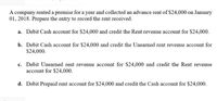 A company rented a premise for a year and collected an advance rent of $24,000 on January
01, 2018. Prepare the entry to record the rent received.
a. Debit Cash account for $24,000 and credit the Rent revenue account for $24,000.
b. Debit Cash account for $24,000 and credit the Unearned rent revenue account for
$24,000.
c. Debit Unearned rent revenue account for $24,000 and credit the Rent revenue
account for $24,000.
d. Debit Prepaid rent account for $24,000 and credit the Cash account for $24,000.
