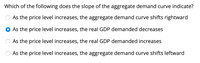 **Question:**

Which of the following does the slope of the aggregate demand curve indicate?

- As the price level increases, the aggregate demand curve shifts rightward
- **As the price level increases, the real GDP demanded decreases** (Correct Answer)
- As the price level increases, the real GDP demanded increases
- As the price level increases, the aggregate demand curve shifts leftward

**Explanation:**

The slope of the aggregate demand curve typically demonstrates the inverse relationship between the price level and the quantity of real GDP demanded. When the price level rises, the real GDP demanded generally decreases, which is why the correct choice is indicated.