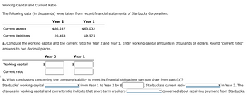 Working Capital and Current Ratio
The following data (in thousands) were taken from recent financial statements of Starbucks Corporation:
Year 2
Year 1
$86,237
$63,032
26,453
19,575
a. Compute the working capital and the current ratio for Year 2 and Year 1. Enter working capital amounts in thousands of dollars. Round "current ratio"
answers to two decimal places.
Current assets
Current liabilities
Working capital
Current ratio
Year 2
Year 1
b. What conclusions concerning the company's ability to meet its financial obligations can you draw from part (a)?
Starbucks' working capital
from Year 1 to Year 2 by $
Starbucks's current ratio
changes in working capital and current ratio indicate that short-term creditors
in Year 2. The
concerned about receiving payment from Starbucks.