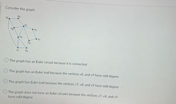 Consider the graph:
V9
28
20
•
27
25
VI
V6
VA
22
V3
The graph has an Euler circuit because it is connected
The graph has an Euler trail because the vertices v8, and v9 have odd degree
The graph has Euler trail because the vertices v7, v8, and v9 have odd degree
The graph does not have an Euler circuits because the vertices v7, v8, and v9
have odd degree