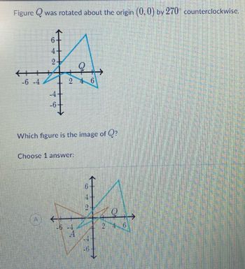 Figure Qwas rotated about the origin (0,0) by 270" counterclockwise.
6
C
Which figure is the image of Q?
Choose 1 answer:
TA
0
6