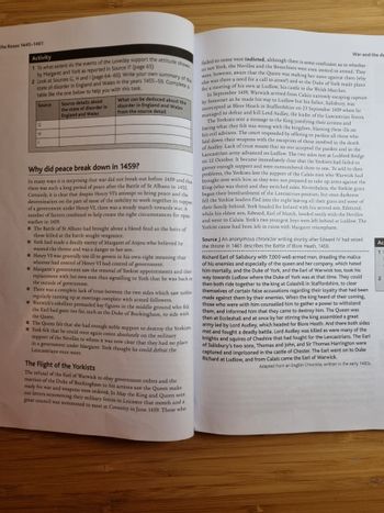 the Roses 1445-1461
Activity
1 To what extent do the events of the Loveday support the attitude shown
by Margaret and York as reported in Source I? (page 65)
2 Look at Sources G, H and I (page 64-65). Write your own summary of the
state of disorder in England and Wales in the years 1455-59. Complete a
table like the one below to help you with this task.
Source
G
H
I
Source details about
the state of disorder in
England and Wales
What can be deduced about the
disorder in England and Wales
from the source detail
Why did peace break down in 1459?
In many ways it is surprising that war did not break out before 1459 and that
there was such a long period of peace after the Battle of St Albans in 1455.
Certainly, it is clear that despite Henry VI's attempt to bring peace and the
determination on the part of most of the nobility to work together in support
of a government under Henry VI, there was a steady march towards war. A
number of factors combined to help create the right circumstances for
warfare in 1459.
open
The Beat
■ The Battle of St Albans had brought about a blood feud as the heirs of
those killed at the battle sought vengeance.
■York had made a deadly enemy of Margaret of Anjou who believed he
mented the throne
wanted the throne and was a danger to her son.
H
■ Henry VI was generally too ill to govern in his own right meaning that
whoever had control of Henry VI had control of government.
Margaret's government saw the removal of Yorkist appointments and their
replacement with her own men thus signalling to York that he was back on
the outside of government.
Manna
There was a complete lack of trust between the two sides which saw nobles
regularly turning up at meetings complete with armed followers.
■Warwick's rebellion persuaded key figures in the middle ground who felt
the Earl had gone too far, such as the Duke of Buckingham, to side with
the Queen.
The Queen felt that she had enough noble support to destroy the Yorkists.
■York felt that he could once again count absolutely on the military
support of the Nevilles to whom it was now clear that they had no place
in a government under Margaret. York thought he could defeat the
Lancastrians once more.
The Flight of the Yorkists
The refusal of the Earl of Warwick to obey government orders and the
reaction of the Duke of Buckingham to his actions saw the Queen make
ready for war and weapons were ordered. In May the King and Queen sent
out letters summoning their military forces to Leicester that month and a
great council was summoned to meet at Coventry in June 1459. Those who
War and the de
failed to come were indicted, although there is some confusion as to whether
or not York, the Nevilles and the Bourchiers were even invited to attend. They
were, however, aware that the Queen was making her move against them (why
else was there a need for a call to arms?) and so the Duke of York made plans
for a meeting of his own at Ludlow, his castle in the Welsh Marches.
In September 1459, Warwick arrived from Calais narrowly escaping capture
by Somerset as he made his way to Ludlow but his father, Salisbury, was
intercepted at Blore Heath in Staffordshire on 23 September 1459 where he
managed to defeat and kill Lord Audley, the leader of the Lancastrian forces.
The Yorkists sent a message to the King justifying their actions and
listing what they felt was wrong with the kingdom, blaming these ills on
his evil advisers. The court responded by offering to pardon all those who
laid down their weapons with the exception of those involved in the death
of Audley. Lack of trust meant that no one accepted the pardon and so the
Lancastrian army advanced on Ludlow. The two sides met at Ludford Bridge
on 12 October. It became immediately clear that the Yorkists had failed to
garner enough support and were outnumbered three to one. To add to their
problems, the Yorkists lost the support of the Calais men who Warwick had
brought over with him as they were not prepared to take up arms against the
King (who was there) and they switched sides. Nevertheless, the Yorkist guns
began their bombardment of the Lancastrian position, but once darkness
fell the Yorkist leaders fled into the night leaving all their guns and some of
their family behind. York headed for Ireland with his second son, Edmund,
while his eldest son, Edward, Earl of March, headed south with the Nevilles
and went to Calais. York's two youngest boys were left behind at Ludlow. The
Yorkist cause had been left in ruins with Margaret triumphant.
on 12 Oct
Source J An anonymous chronicler writing shortly after Edward IV had seized
the throne in 1461 describes the Battle of Blore Heath, 1459.
............
Richard Earl of Salisbury with 7,000 well-armed men, dreading the malice
of his enemies and especially of the queen and her company, which hated
him mortally, and the Duke of York, and the Earl of Warwick too, took his
way towards Ludlow where the Duke of York was at that time. They could
then both ride together to the king at Coleshill in Staffordshire, to clear
themselves of certain false accusations regarding their loyalty that had been
dienseive
be accuse
made against them by their enemies. When the king heard of their coming,
inst them by their need him to gather a power to withstand
those who were with him counselled him to gather a power to
thom and in him that that
them, and informed him that they came to destroy him. The Queen was
then at Eccleshall and at once by her stirring the king assembled a great
army led by Lord Audley, which headed for Blore Heath. And there both sides
met and fought a deadly battle. Lord Audley was killed as were many of the
knights and squires of Cheshire that had fought for the Lancastrians. The Earl
Salisbury's two sons, Thomas and John, and Sir Thomas Harrington were
captured and imprisoned in the castle of Chester. The Earl went on to Duke
Richard at Ludlow, and from Calais came the Earl of Warwick.
www.w
of
Adapted from an English Chronicle, written in the early 1460s.
Ac
1
2