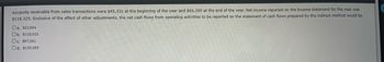 Accounts receivable from sales transactions were $45,331 at the beginning of the year and $66,395 at the end of the year. Net income reported on the income statement for the year was
$118,325. Exclusive of the effect of other adjustments, the net cash flows from operating activities to be reported on the statement of cash flows prepared by the indirect method would be
Oa. $21,064
Ob. $118,325
Oc. $97,261
Od. $139,389