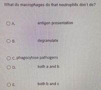 What do macrophages do that neutrophils don't do?
O A.
antigen presentation
O B.
В.
degranulate
Oc. phagocytose pathogens
O D.
both a and b
O E.
both b and c
