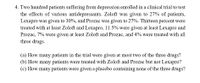 4. Two hundred patients suffering from depression enrolled in a clinical trial to test
the effects of various antidepressants. Zoloft was given to 27% of patients,
Lexapro was given to 30%, and Prozac was given to 27%. Thirteen percent were
treated with at least Zoloft and Lexapro, 11.5% were given at least Lexapro and
Prozac, 7% were given at least Zoloft and Prozac, and 4% were treated with all
three drugs.
(a) How many patients in the trial were given at most two of the three drugs?
(b) How many patients were treated with Zoloft and Prozac but not Lexapro?
(c) How many patients were given a placebo containing none of the three drugs?
