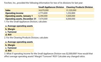 Forchen, Inc., provided the following information for two of its divisions for last year:
Small Appliances Division Cleaning Products Division
Sales
Operating income
Operating assets, January 1
34,670,000
2,773,600
6,394,000
Operating assets, December 31 7,474,000
1. For the Small Appliances Division, calculate:
a. Average operating assets
b. Margin
c. Turnover
d. ROI
2. For the Cleaning Products Division, calculate:
a. Average operating assets
b. Margin
c. Turnover
d. ROI
31,320,000
1,252,800
5,600,000
6,000,000
3. What if operating income for the Small Appliances Division was $2,000,000? How would that
affect average operating assets? Margin? Turnover? ROI? Calculate any changed ratios.