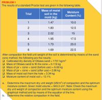 PROBLEM 1
The results of a standard Proctor test are given in the following table.
Mass of moist
Moisture
soil in the
mold (kg)
Trial
Content (%)
1
1.47
10.0
2
1.83
12.5
3
2.02
15
1.95
17.5
5
1.73
20.0
1.69
22.5
After compaction the field unit weight of the soil is determined by means of the sand
cone method, the following are the results:
O Calibrated dry density of Ottawa sand = 1731 kg/m3
O Mass of Ottawa sand to fill the cone = 0.118 kg
O Mass of jar + cone + sand (before use) = 6.08 kg
O Mass of jar + cone + sand (after use)= 2.86 kg
O Mass of moist soil from the hole = 3.34 kg
O Moisture content of moist soil = 12.1%
%3D
Determine the maximum dry unit weight (kN/m3) of compaction and the optimum
moisture content. Given mold volume
943.3 cm3. Note: Check the maximum
dry unit weight of compaction and the optimum moisture content using the
graphical method and by means of the equation of the line.
b.
Determine the relative compaction in the field.
a.
