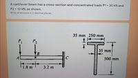 %D
A cantilever beam has a cross-section and concentrated loads P1 = 30 kN and
P2 = 10 kN, as shown.
Write all answers in 2-decimal places.
35 mm 250 mm
P1
P2
35 mm
B
500 mm
1.8 m
3.2 m
