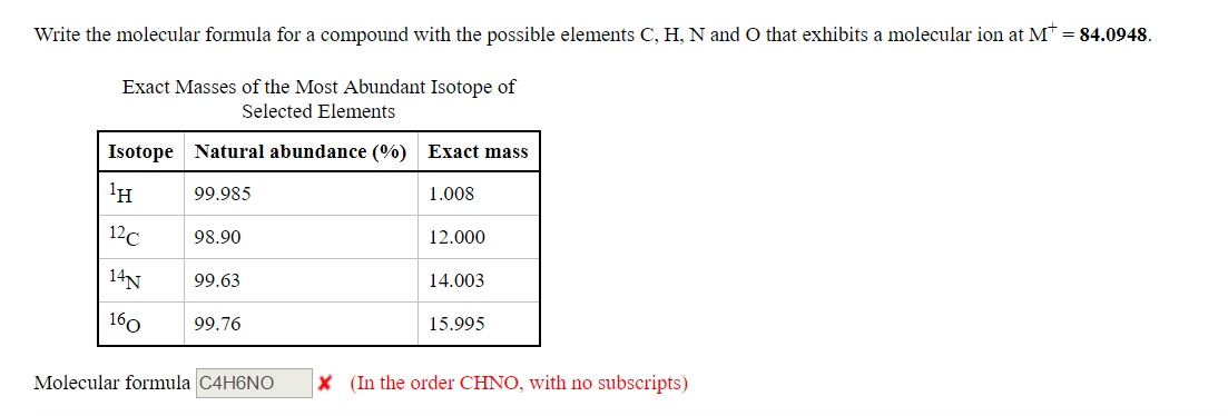 write the molecular formula for a compound with the possible elements C, H, N and O that exhibits a molecular ion at Mr-84.0948.
Exact Masses of the Most Abundant Isotope of
Selected Elements
Isotope Natural abundance (%)
H 99.985
1c98.90
14N99.63
Exact mass
1.008
12.000
14.003
15.995
99./6
Molecular formula C4H6NO
X
(In the order CHNO, with no subscripts)

