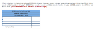 E-Tech Initiatives Limited plans to issue $550,000, 10-year. 3 percent bonds. Interest is payable annually on December 31. All of the
bonds will be issued on January 1, 2022. Show how the bonds would be reported on the January 2, 2022, balance sheet if they are
issued at 95. (Deductions should be indicated by a minus sign.)
E-TECH INITIATIVES LIMITED
Balance Sheet (partial)
As of January 2, 2022
Carrying Value