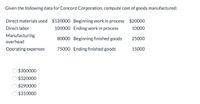 Given the following data for Concord Corporation, compute cost of goods manufactured:
Direct materials used $120000 Beginning work in process $20000
Direct labor
100000 Ending work in process
10000
Manufacturing
80000 Beginning finished goods
25000
overhead
Operating expenses
75000 Ending finished goods
15000
$300000
O $320000
$290000
O $310000
