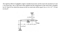 The rigid bar ABCD of negligible weight is initially horizontal, and the steel rods attached at A and
C are stress-free. The 20-kip load is then applied and the temperature of the steel rods is changed
by AT. Find AT for which the stresses in the two steel rods will be equal. Use a= 6.5 x 10-6 /°F and
E=29x10°.
A = 0.5 in.2
3 ft
20 kips
2 ft 2 ft →
4 ft
4 ft -
A = 0.75 in.²
