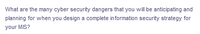 What are the many cyber security dangers that you will be anticipating and
planning for when you design a complete in formation security strategy for
your MIS?

