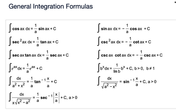 General Integration Formulas
cos a
cos ax dx =
Ssec²ax
1
sin ax + C
a
1
sec ax dx = - tan ax + C
a
Ssec axtan ax dx
sec ax tan ax dx =
Sex dx =
S
S
a²
dx
+x²
dx
1
a
eax
1
==
a
x + C
=
1
-
a
sec ax + C
tan-1+C
1
-
a
sec
a
1
a
+ C, a > 0
Jsina
sin ax dx =
csc 2 ax
csc ax dx:
csca
1
--
= -
a
1
-
cos ax + C
a
csc ax cot ax dx:
Sbx dx =
1
In b
S-
dx
2
√a²-x²
2
cot ax + C
-
1
a
csc ax+C
-bx+C, b>0, b#1
-1 x
- = sin¯ ½ ½-½ + C,
a
+ C, a > 0
-