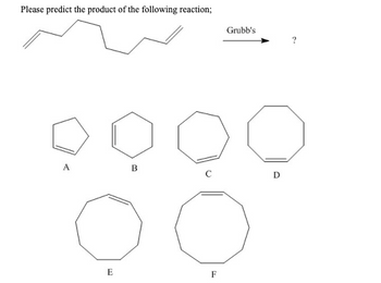 Please predict the product of the following reaction;
A
E
B
F
Grubb's
D